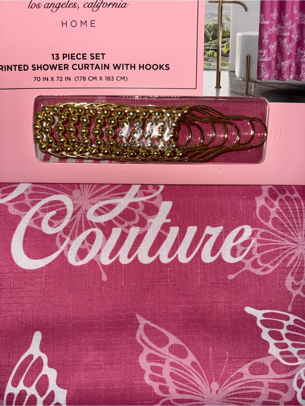 Pink Printed Shower Curtain Set with Gold Hooks - juicy couture new